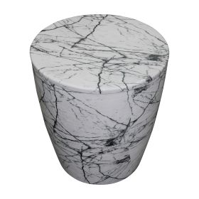 16 Inch Round Accent Side Table, Aluminum Sheet, Faux Marble, Enamel Coating, White