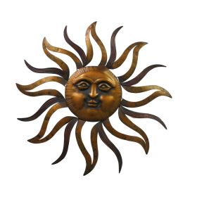 35 Inch Round Wall Mounted Sun Face Accent Decor, Carved Rustic Gold and Black Metal