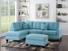 Modern Blue Color 3pcs Sectional Living Room Furniture Reversible Chaise Sofa And Ottoman Tufted Polyfiber Linen Like Fabric Cushion Couch Pillows