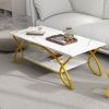 2-Tier Faux Marble Coffee Table with Marble Top and Metal Frame