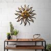 35 Inch Round Wall Mounted Sun Face Accent Decor, Carved Rustic Gold and Black Metal