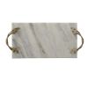 Decor Tray with Marble Frame and Carved Metal Handles, White and Gold