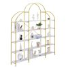 74.8 Inch 5 Tiers Office Bookcase Bookshelf, Display Shelf with Round Top, X Bar Gold Frame