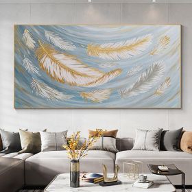 Handmade Oil Painting Abstract Feather Oil Painting on Canvas Large Original Gold White Boho Minimalist Painting Custom Painting Living Room Wall Art (Style: 01, size: 75x150cm)