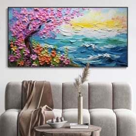 Hand Painted Oil Painting Abstract Pink Tree Texture Oil Painting Colorful Flower Canvas Art Blue Ocean Home Decor Modern Wall Decor Sunrise Mural (Style: 01, size: 40x80cm)