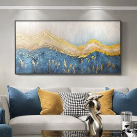 Hand Painted Oil Painting Abstract Gold Foil Beach Landscape Oil Painting on Canvas Original Minimalist Blue Waves Acrylic Texture Modern Wall Art Bed (Style: 01, size: 150x220cm)