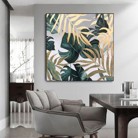 Handmade Oil Painting Gold Foil Oil Painting on Canvas Large Abstract Original Gold Leaf Green Plant Acrylic Oil Painting Modern Luxury Living Room Wa (Style: 01, size: 90x90cm)