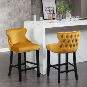 A&A Furniture,Contemporary Velvet Upholstered Wing-Back Barstools with Button Tufted Decoration and Wooden Legs, and Chrome Nailhead Trim, Leisure Sty (Color: as Pic)