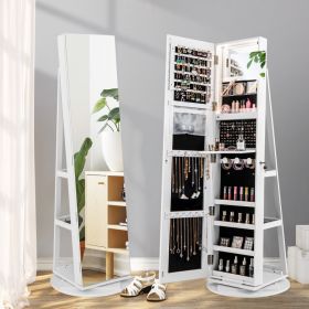 360° Rotating Mirrored Jewelry Cabinet Armoire 3 Color LED Modes Lockable (Color: White)