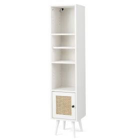 4 Tiers Rattan Storage Cabinet with Slim Design (Color: White)