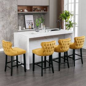 Contemporary Velvet Upholstered Wing-Back Barstools with Button Tufted Decoration and Wooden Legs, and Chrome Nailhead Trim, Leisure Style Bar Chairs, (Color: as Pic)